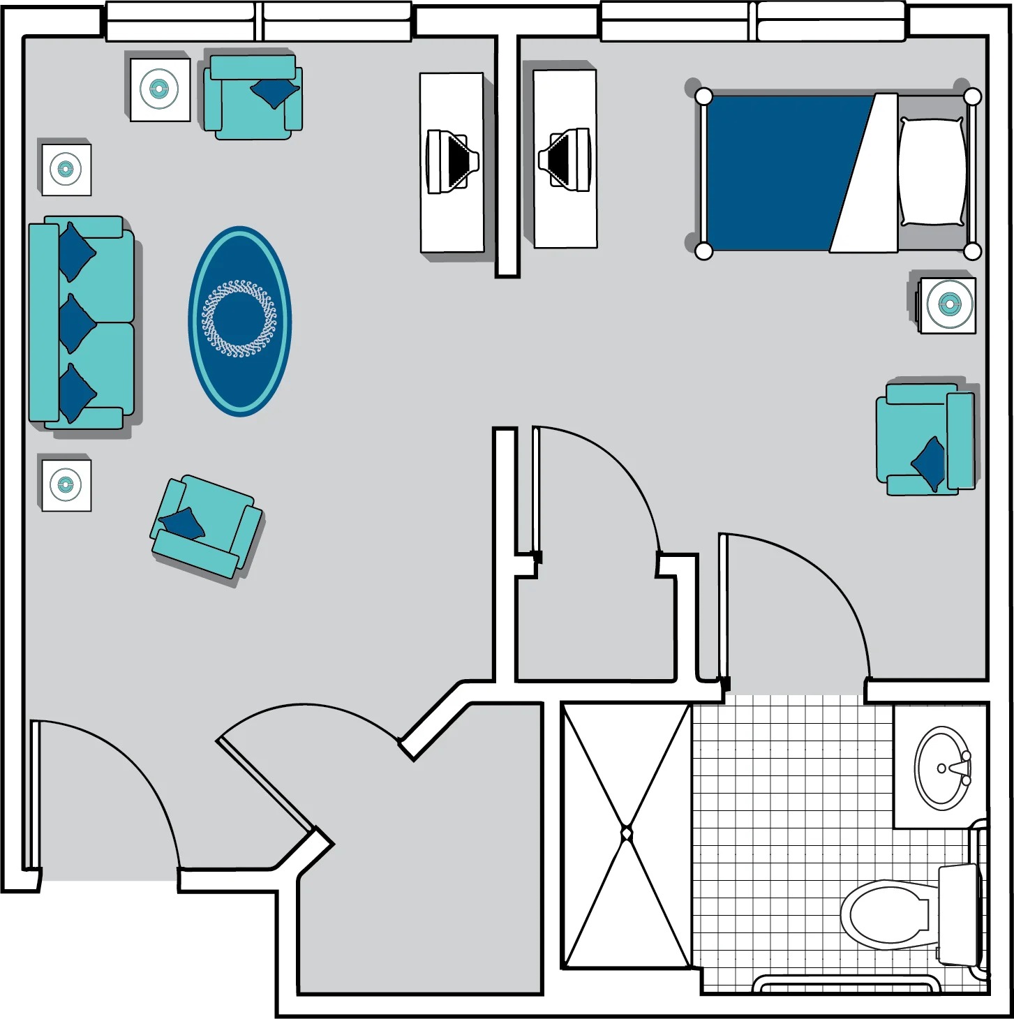 Stylish room layout with living area and bathroom.